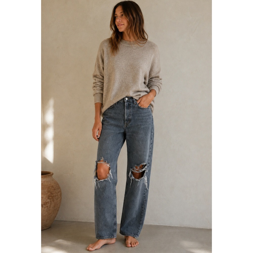 Agolde 90s High Rise Relaxed Straight Leg Jeans Black Distressed Ripped 33